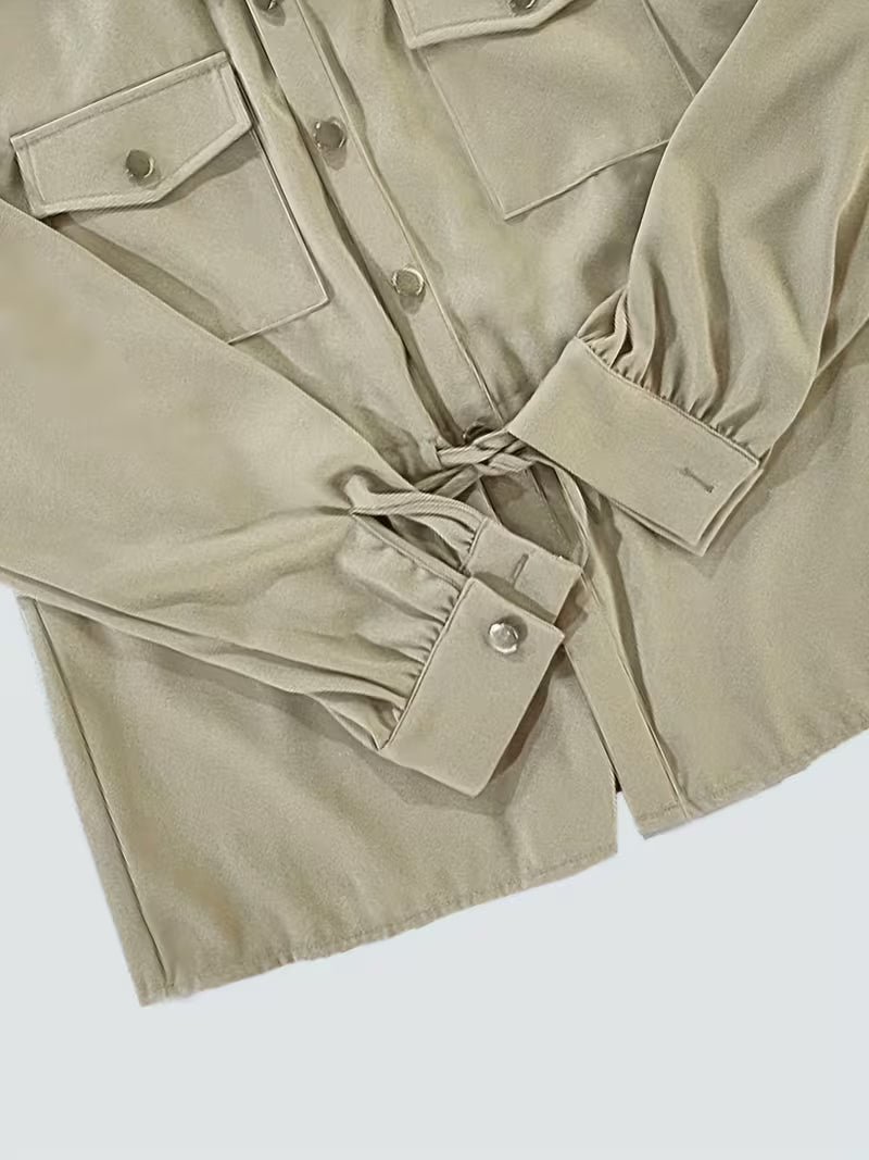 Women's Drawstring Waist Collared Top & Elastic Waist Skirt Two-Piece Set