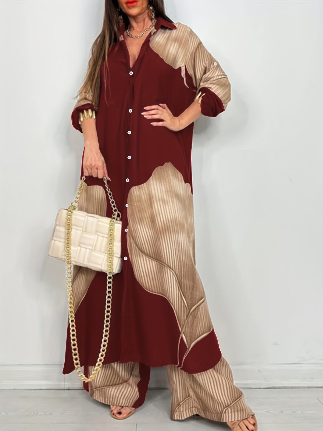 Women's Printed Long Shirt & Relaxed Pants Two-Piece Set