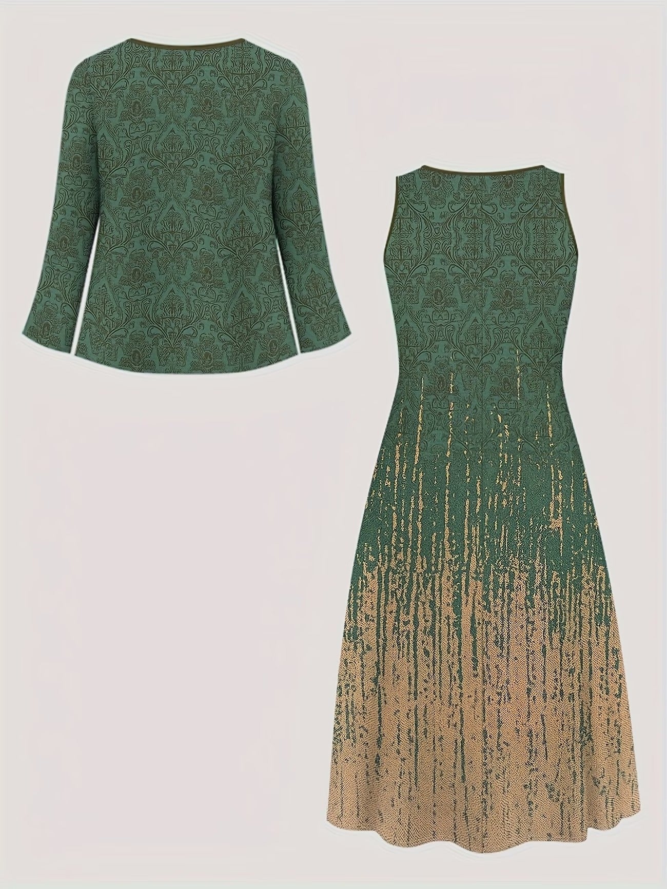 Elegant Layered Two-Piece Midi Dress Set with Tie-Front Cardigan – Flowy Printed Everyday & Occasion Wear