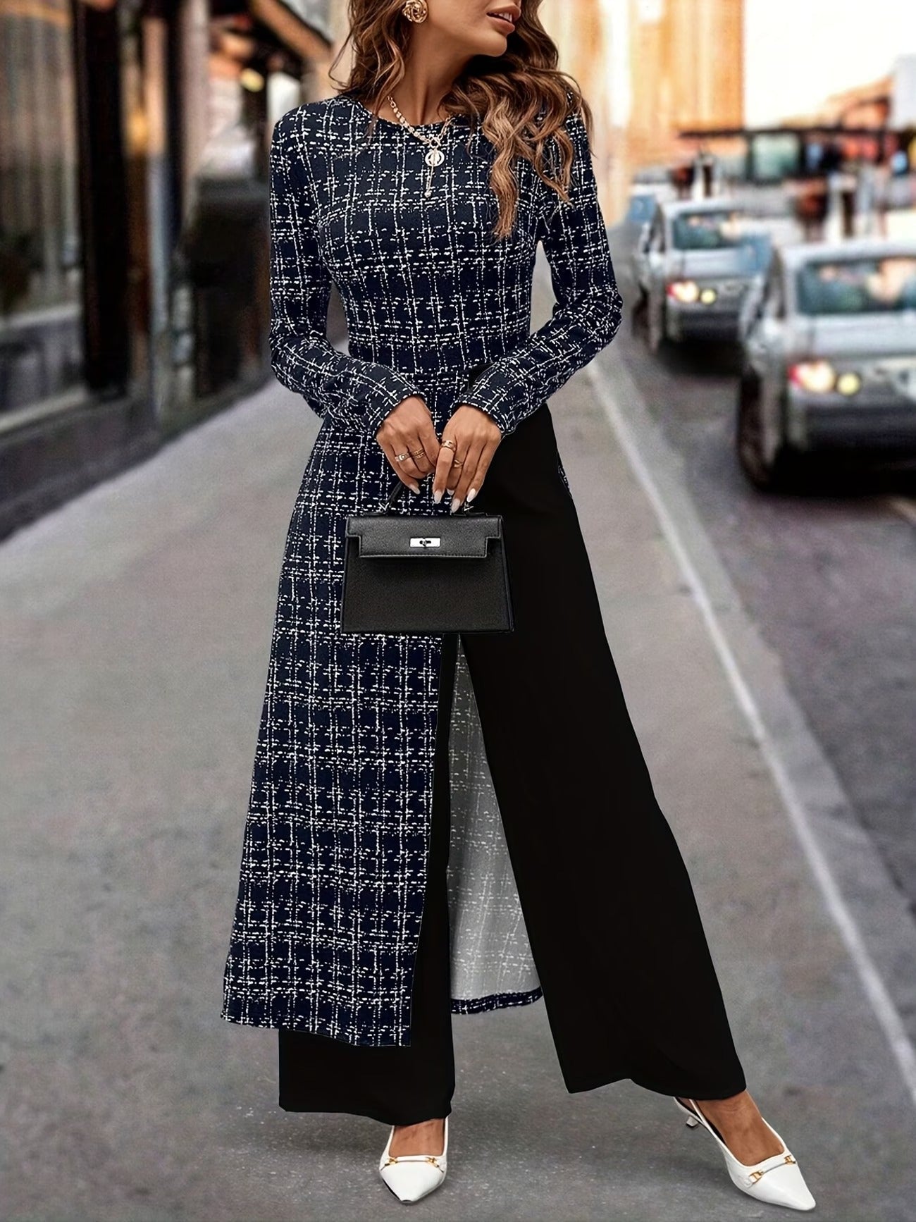 Chic Plaid Commuter Jumpsuit – Asymmetrical Design with Relaxed Straight-Leg Fit