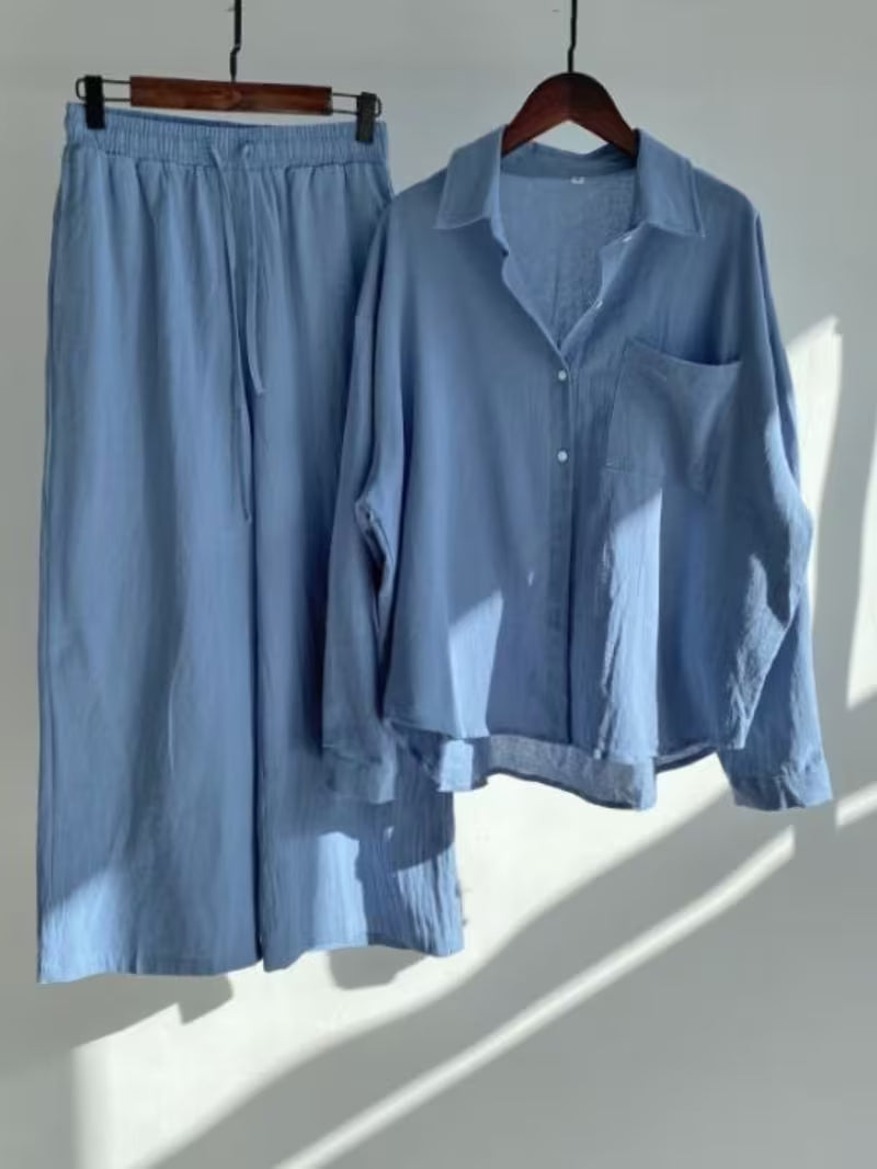 Vintage Linen Shirt Set with High-Waisted Wide-Leg Pants 2pcs Set