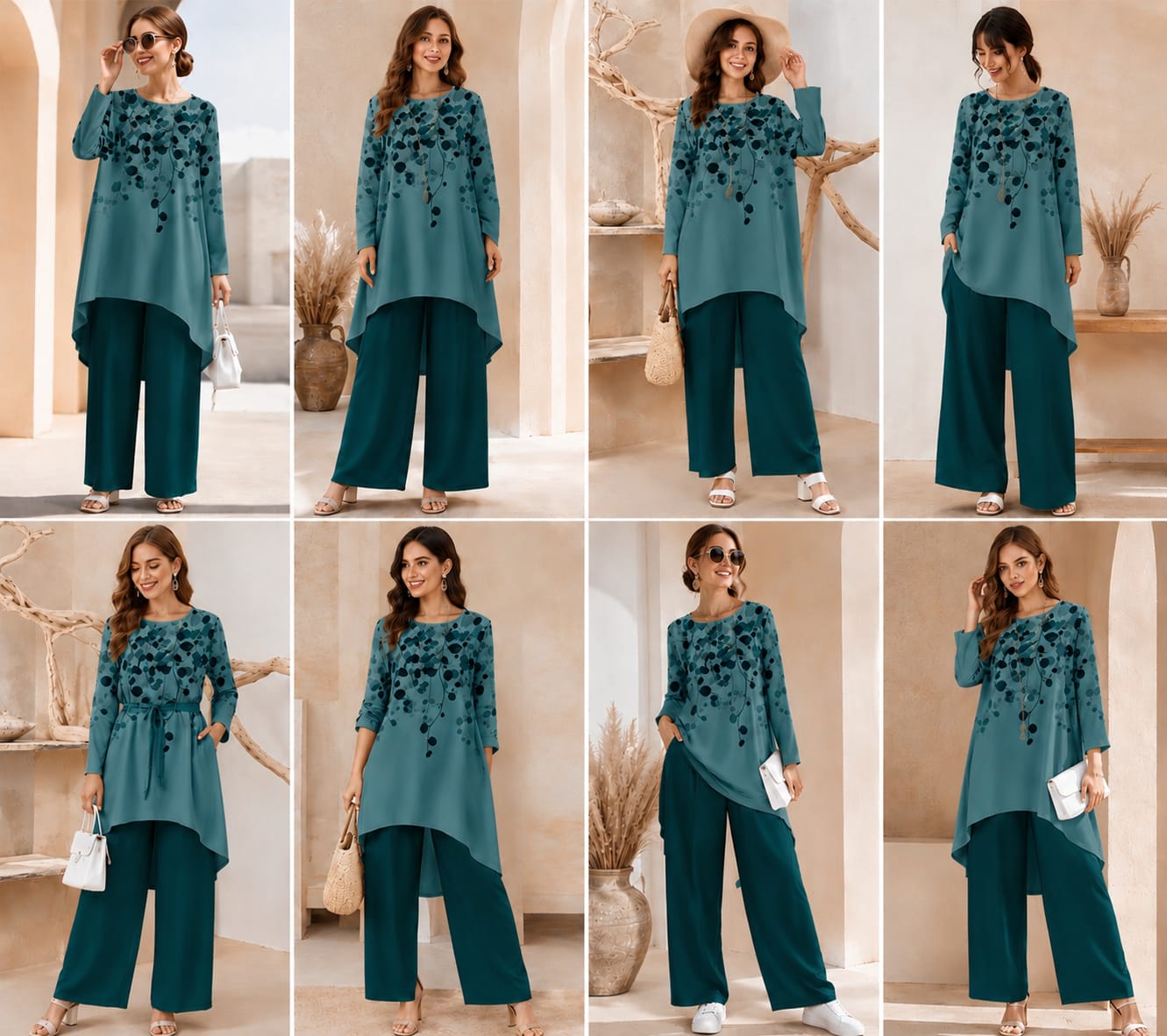 Women's Plus Size Leaf Print Top & Wide-Leg Pants Set