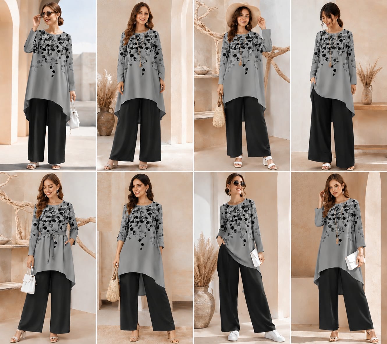 Women's Plus Size Leaf Print Top & Wide-Leg Pants Set