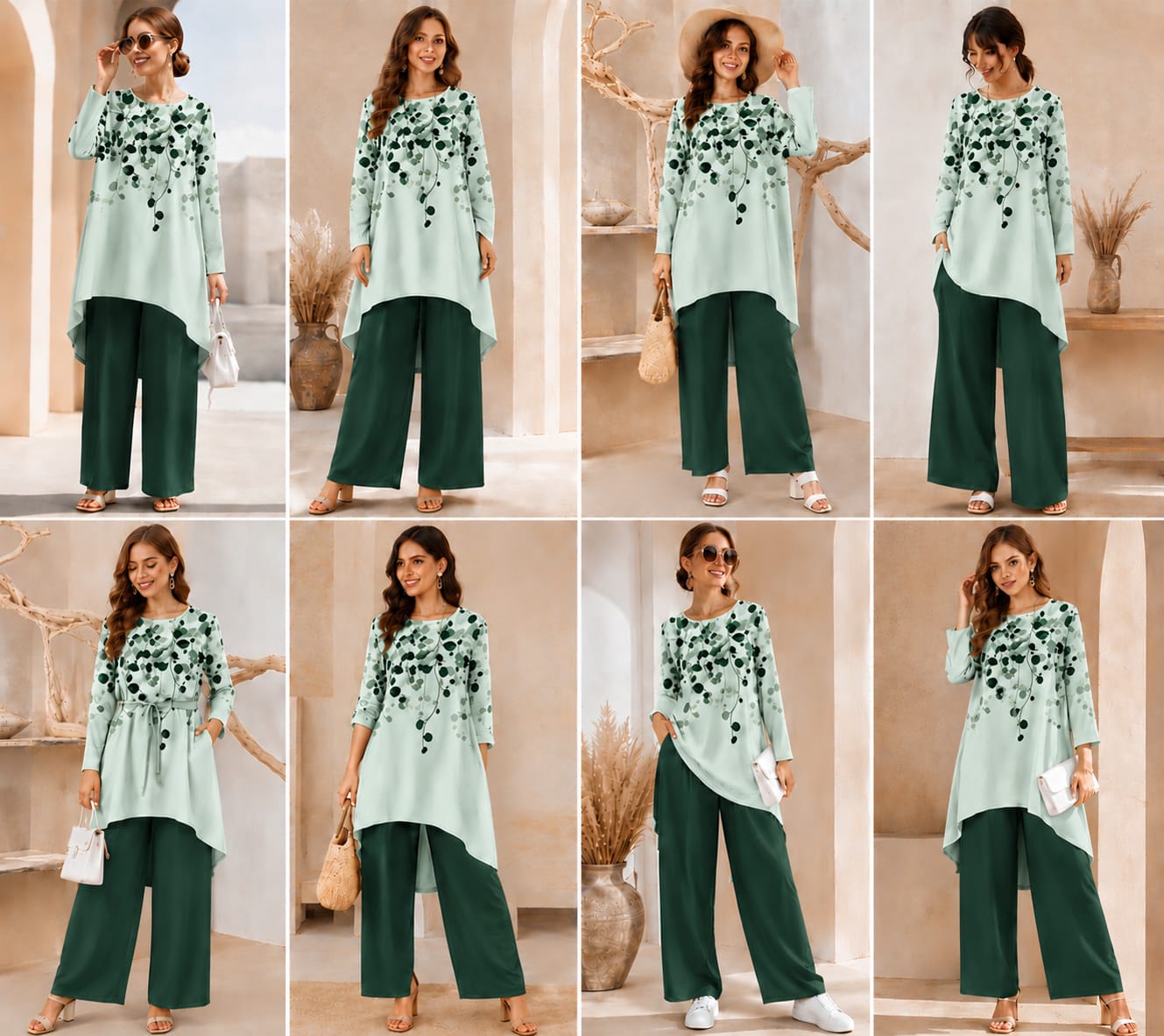 Women's Plus Size Leaf Print Top & Wide-Leg Pants Set