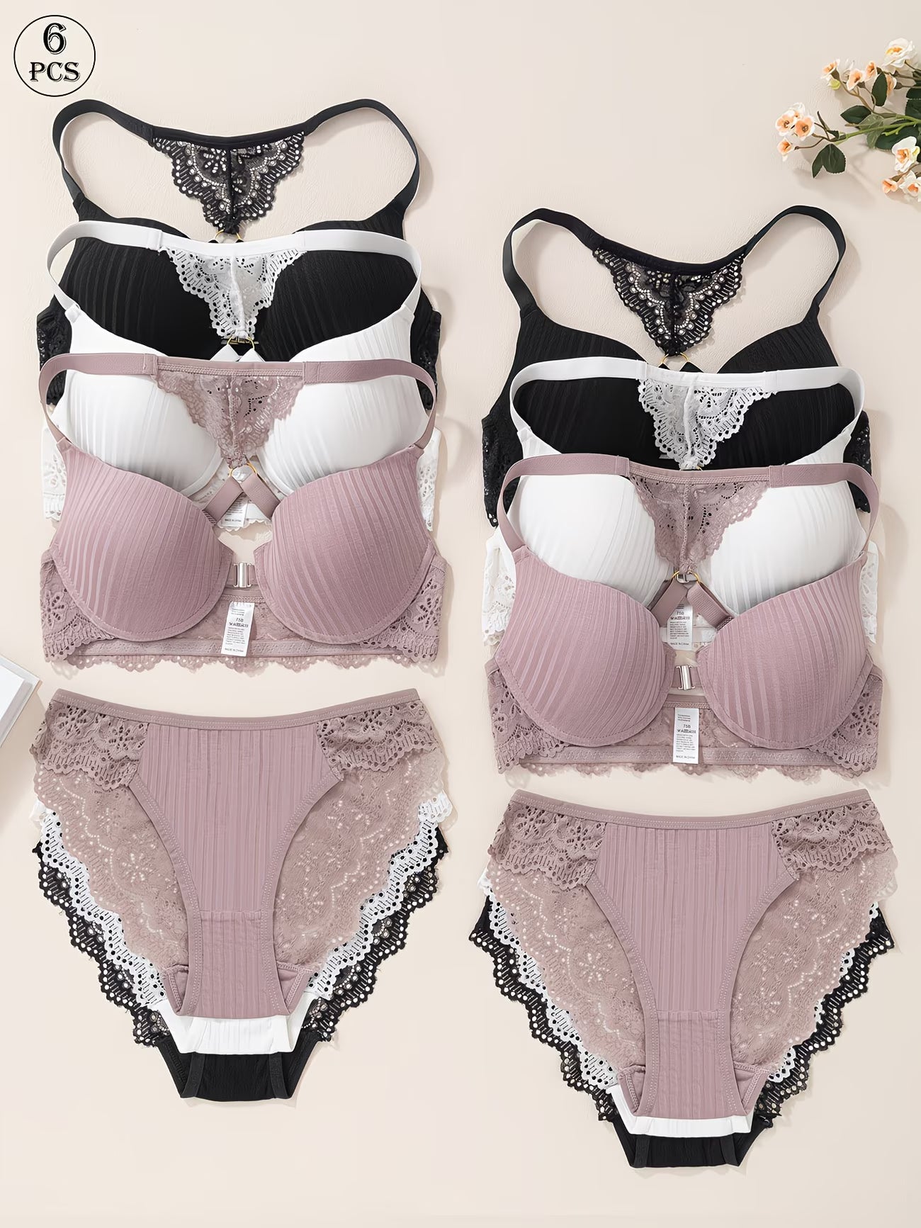 Pack of 6 Women’s Floral Lace Bra & Panty Set Comfortable & Sexy Lingerie