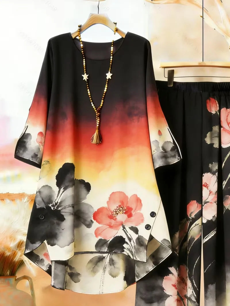 Plus Size Floral Long-Sleeve Co-Ord Set – Elegant Round Neck Outfit