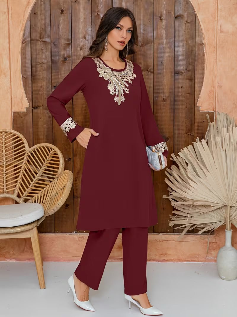 Luxury Floral Embroidered Pants Set