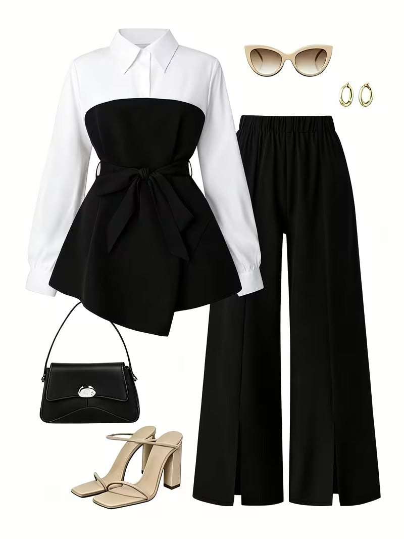 Women's Plus Size Bow Tie Waist Co-Ord Set with Wide-Leg Pants