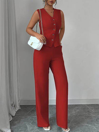 Women's Sleeveless Waist-Cinched Vest & Wide-Leg Pants Two-Piece Set