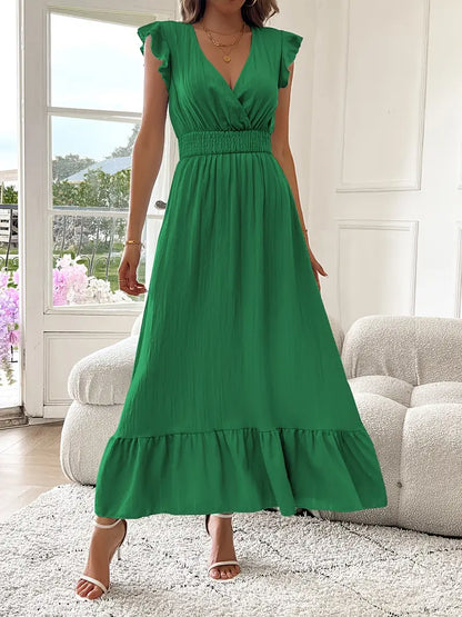 Elegant Ruffle Sleeve Surplice Neck Dress – Space Lightweight & Flattering Summer Style