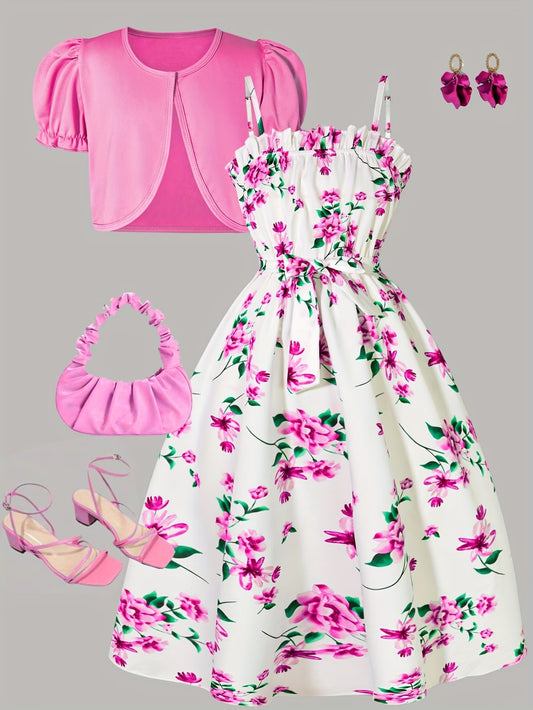 Girls Floral Dress & Cardigan 2-Piece Set
