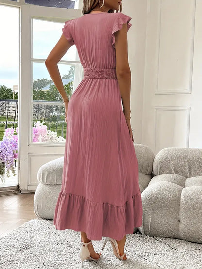 Elegant Ruffle Sleeve Surplice Neck Dress – Space Lightweight & Flattering Summer Style