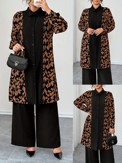Women's Elegant Patchwork Cardigan, Mid-Length Shirt & Straight-Leg Trousers Set