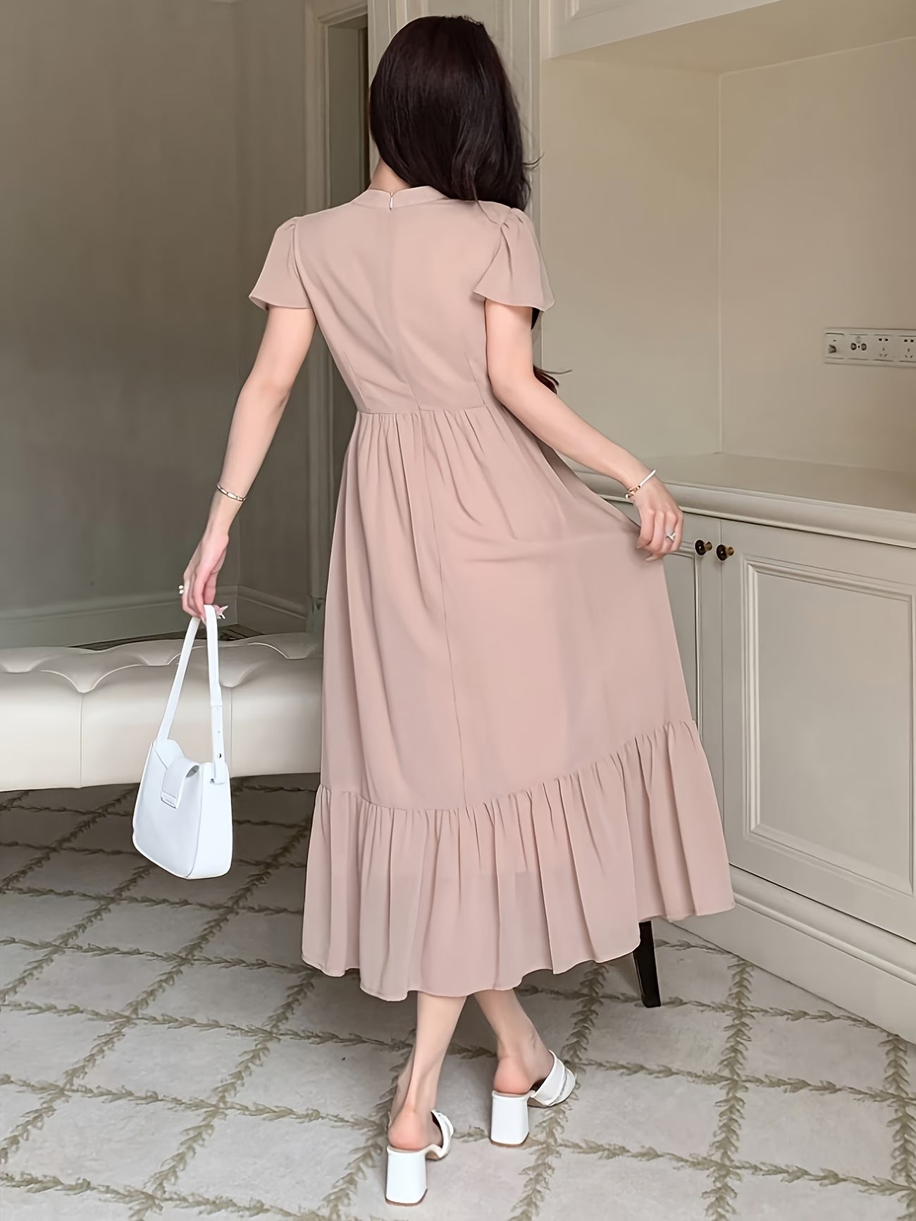 Women's Elegant Pleated Waist Ruffle Hem Maxi Dress