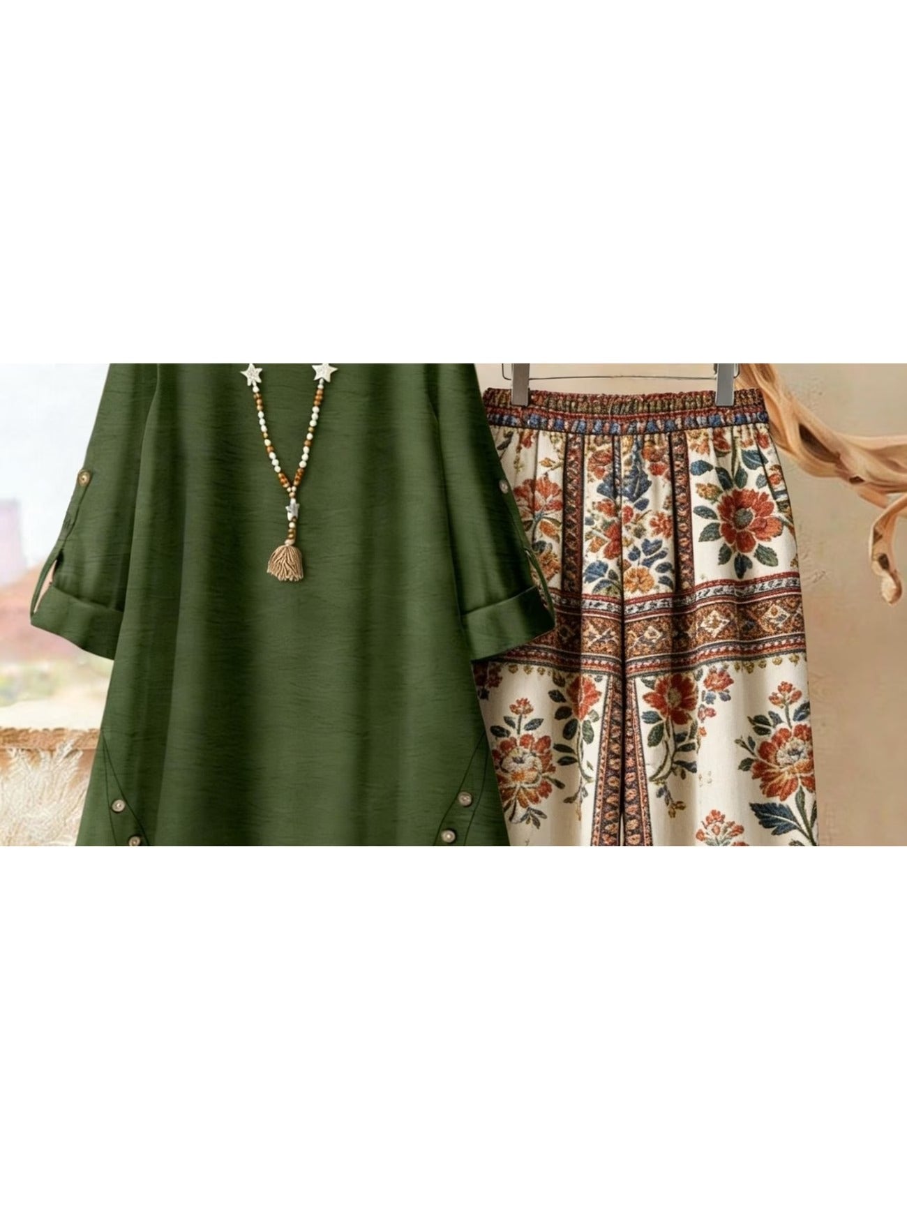 Plus Size Retro Print Two-Piece Set – Casual Long Sleeve Top & Comfortable Pants Outfit for Women
