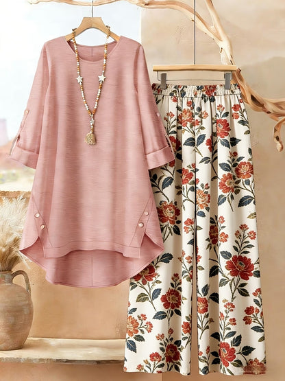 Plus Size Retro Print Two-Piece Set – Casual Long Sleeve Top & Comfortable Pants Outfit for Women