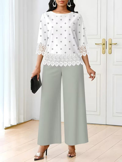 Chic Polka Dot Lace Co-Ord Set – Elegant Round Neck Top with Relaxed Fit Solid Trousers