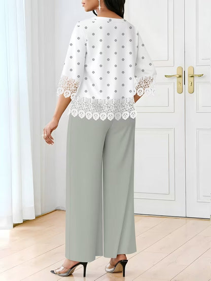 Chic Polka Dot Lace Co-Ord Set – Elegant Round Neck Top with Relaxed Fit Solid Trousers