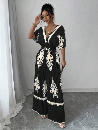 Chic Women’s V-Neck Jumpsuit with Waist-Cinching Fit – Elegant Wide-Leg Fashion Outfit