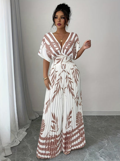 Chic Women’s V-Neck Jumpsuit with Waist-Cinching Fit – Elegant Wide-Leg Fashion Outfit