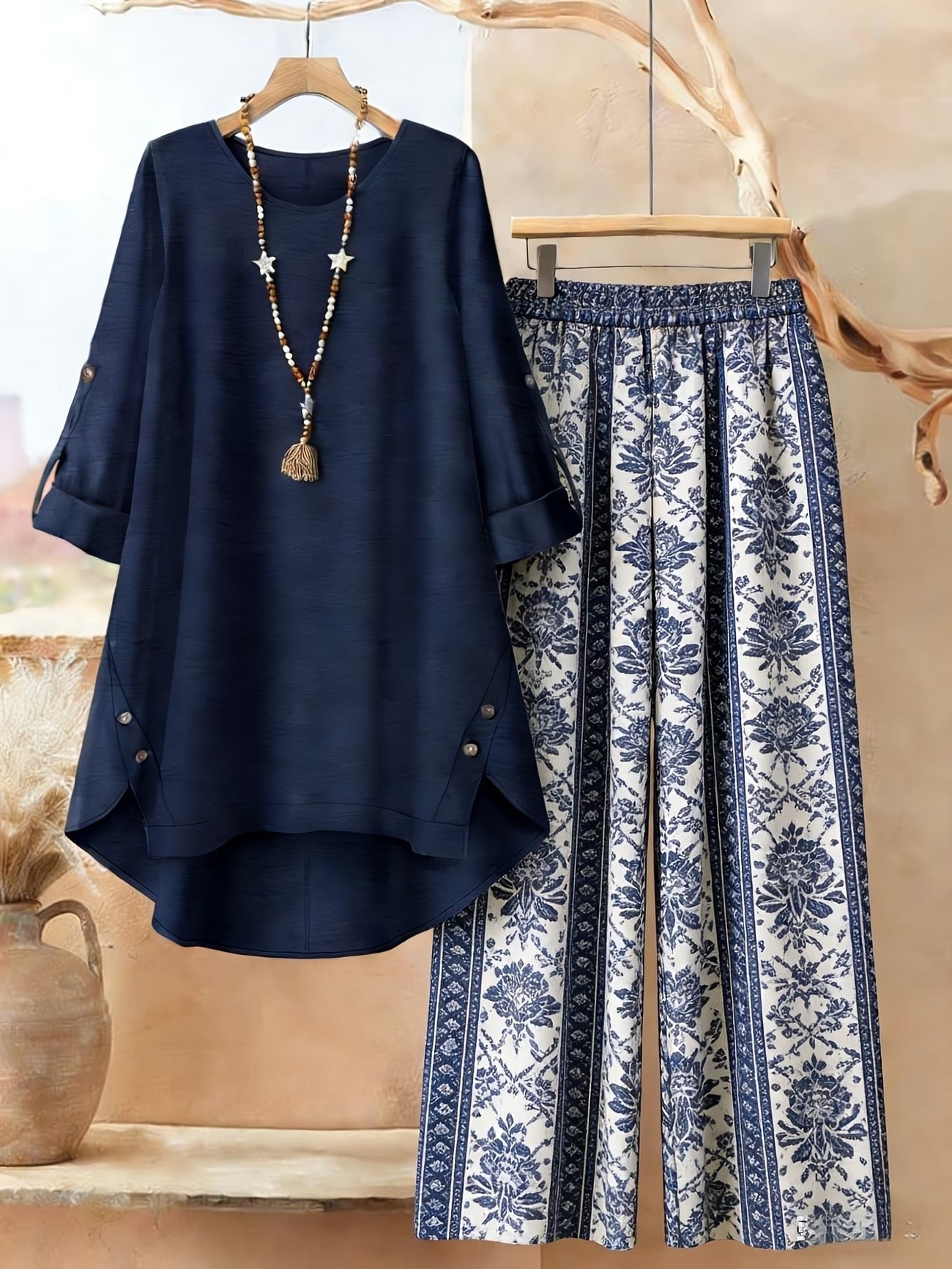 Plus Size Retro Print Two-Piece Set – Casual Long Sleeve Top & Comfortable Pants Outfit for Women