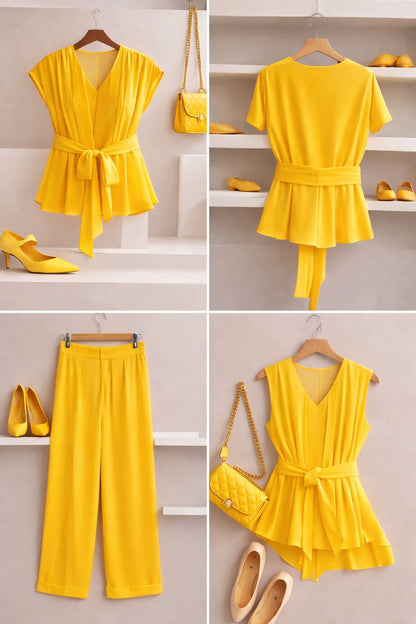 Summer French Solid Two-Piece Set – Elegant Women’s Top & Pants Suit