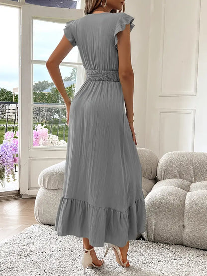 Elegant Ruffle Sleeve Surplice Neck Dress – Space Lightweight & Flattering Summer Style