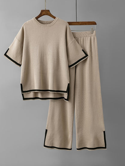 Elegant Contrast Two-Piece Set – Split Design Top & High-Waist Wide-Leg Pants for Women