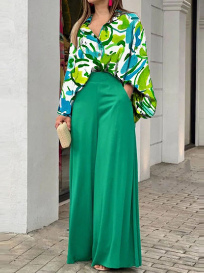 Chic Printed Shirt & Wide-Leg Trousers Set – Relaxed Stylish Two-Piece Outfit for Women