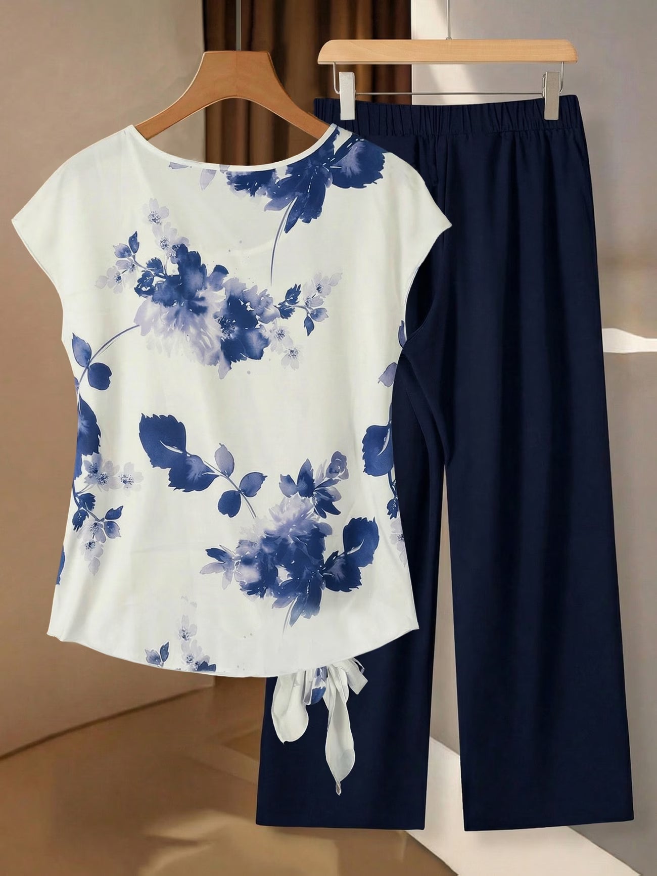 Women's Floral Print Tie-Front Shirt & Wide-Leg Pants Two-Piece Set