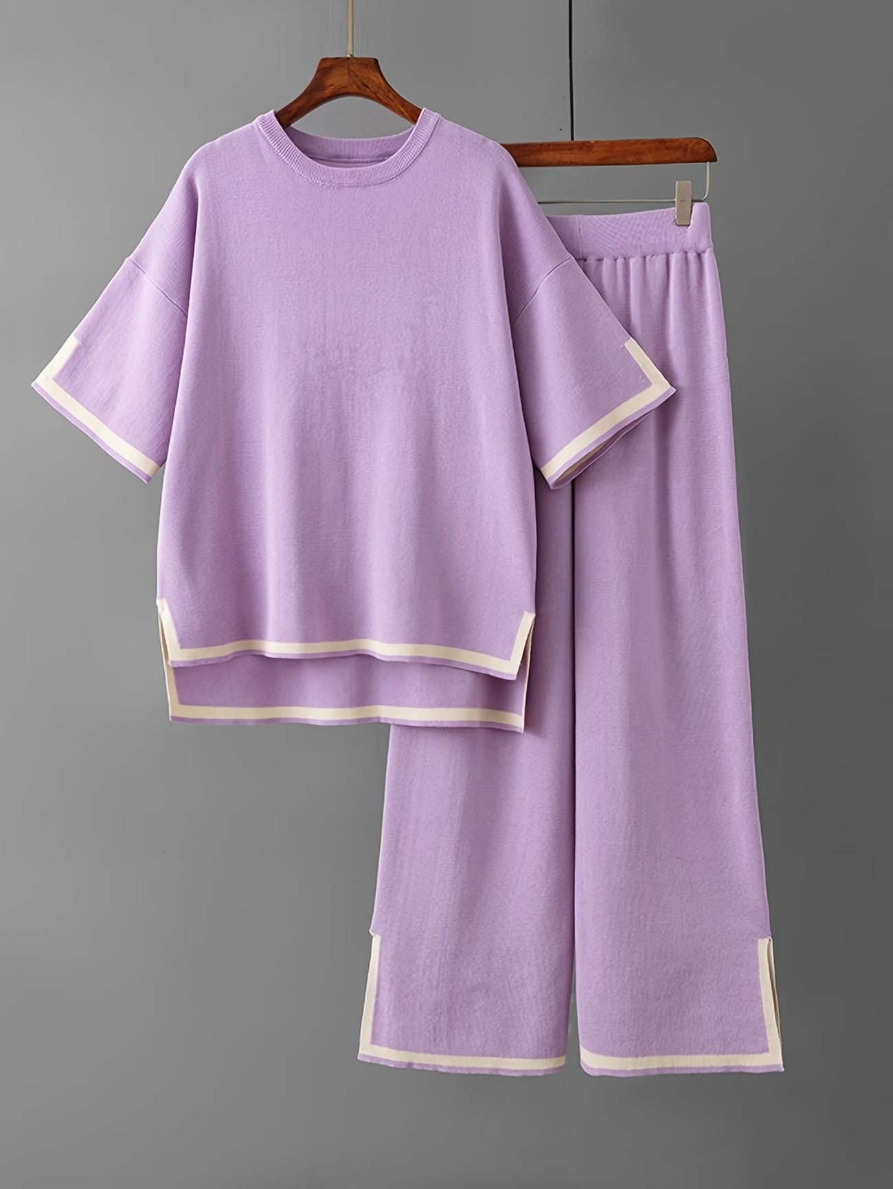 Elegant Contrast Two-Piece Set – Split Design Top & High-Waist Wide-Leg Pants for Women