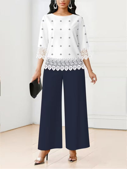 Chic Polka Dot Lace Co-Ord Set – Elegant Round Neck Top with Relaxed Fit Solid Trousers