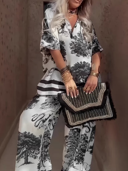 Stylish Oversized Printed Co-Ord Set – Relaxed Shirt & Wide-Leg Pants with Striped Hem for Women