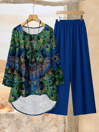 Loose Fit Irregular Print High-Low Hem Top with Solid Pants – Women’s Casual Two-Piece Outfit