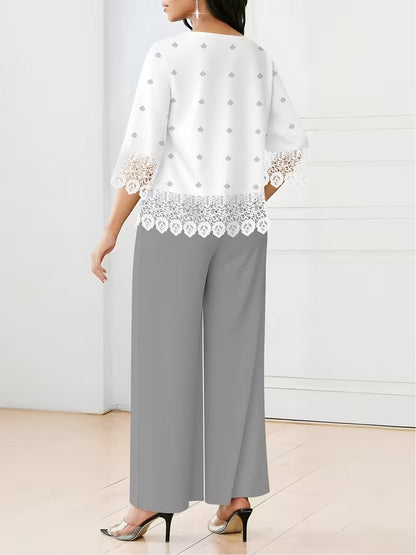 Chic Polka Dot Lace Co-Ord Set – Elegant Round Neck Top with Relaxed Fit Solid Trousers