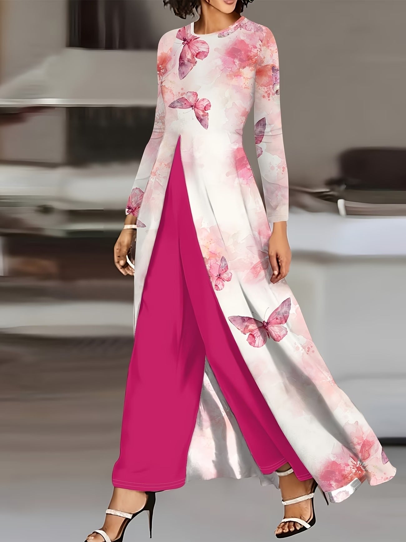 Elegant Marble Pattern Longline Top – Stylish Crew Neck Commuter & Party Wear