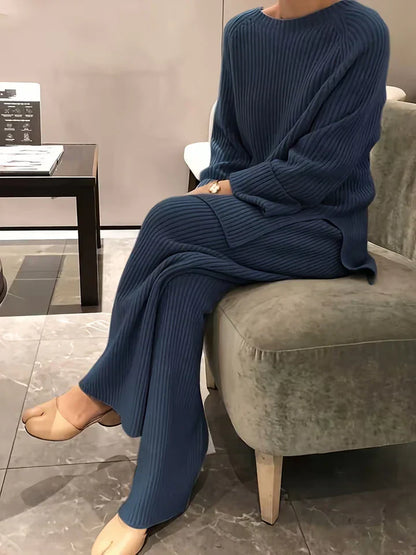 Round Neck Casual Slit Knitted Two-Piece Set Blue
