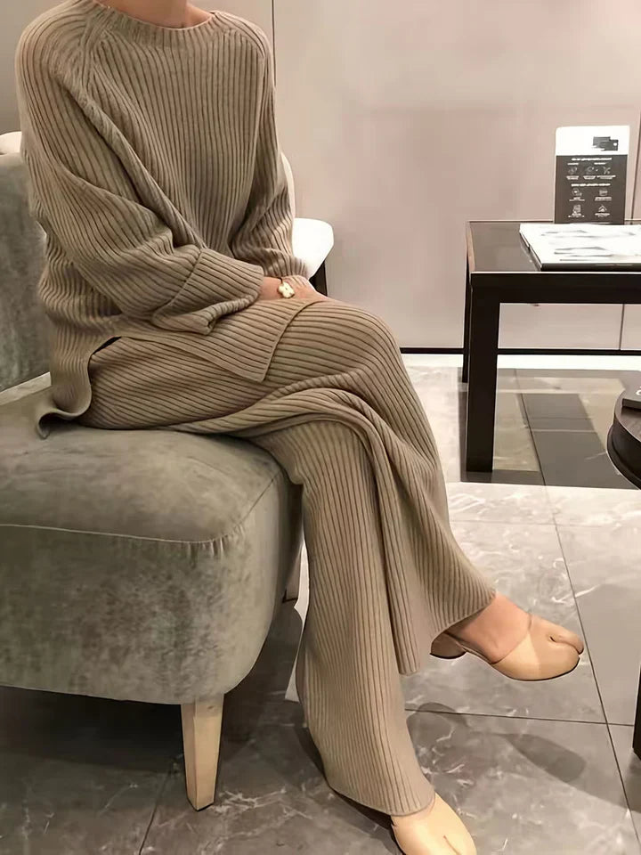 Round Neck Casual Slit Knitted Two-Piece Set Khakhi