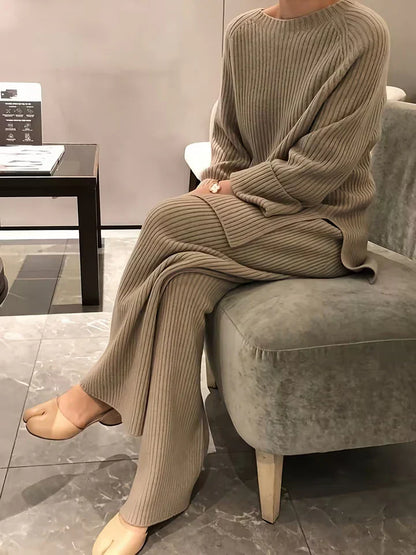 Round Neck Casual Slit Knitted Two-Piece Set Khakhi