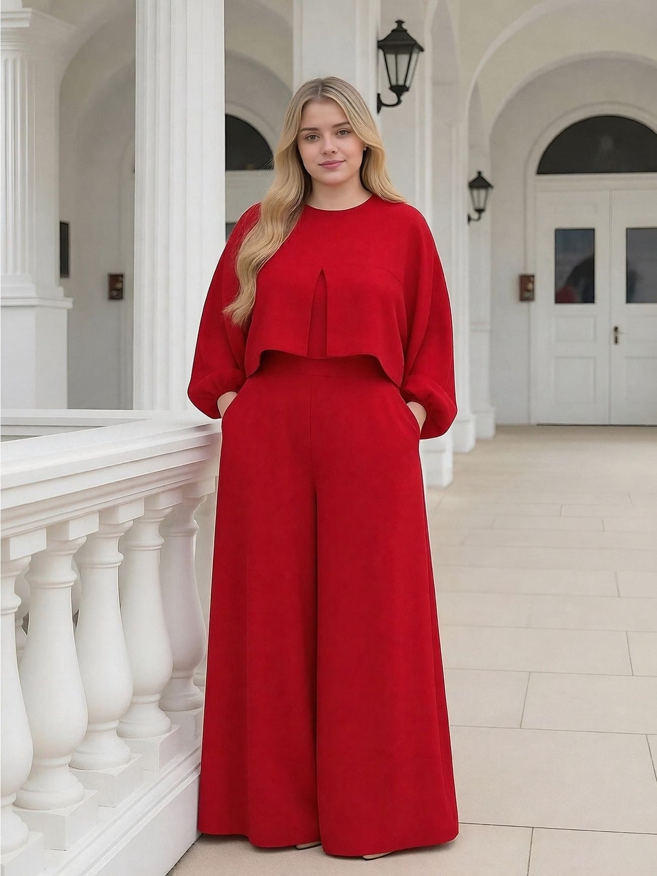 Plus Size Elegant Lantern Sleeve Top & Wide-Leg Pants Set – Chic Two-Piece Suit for Women