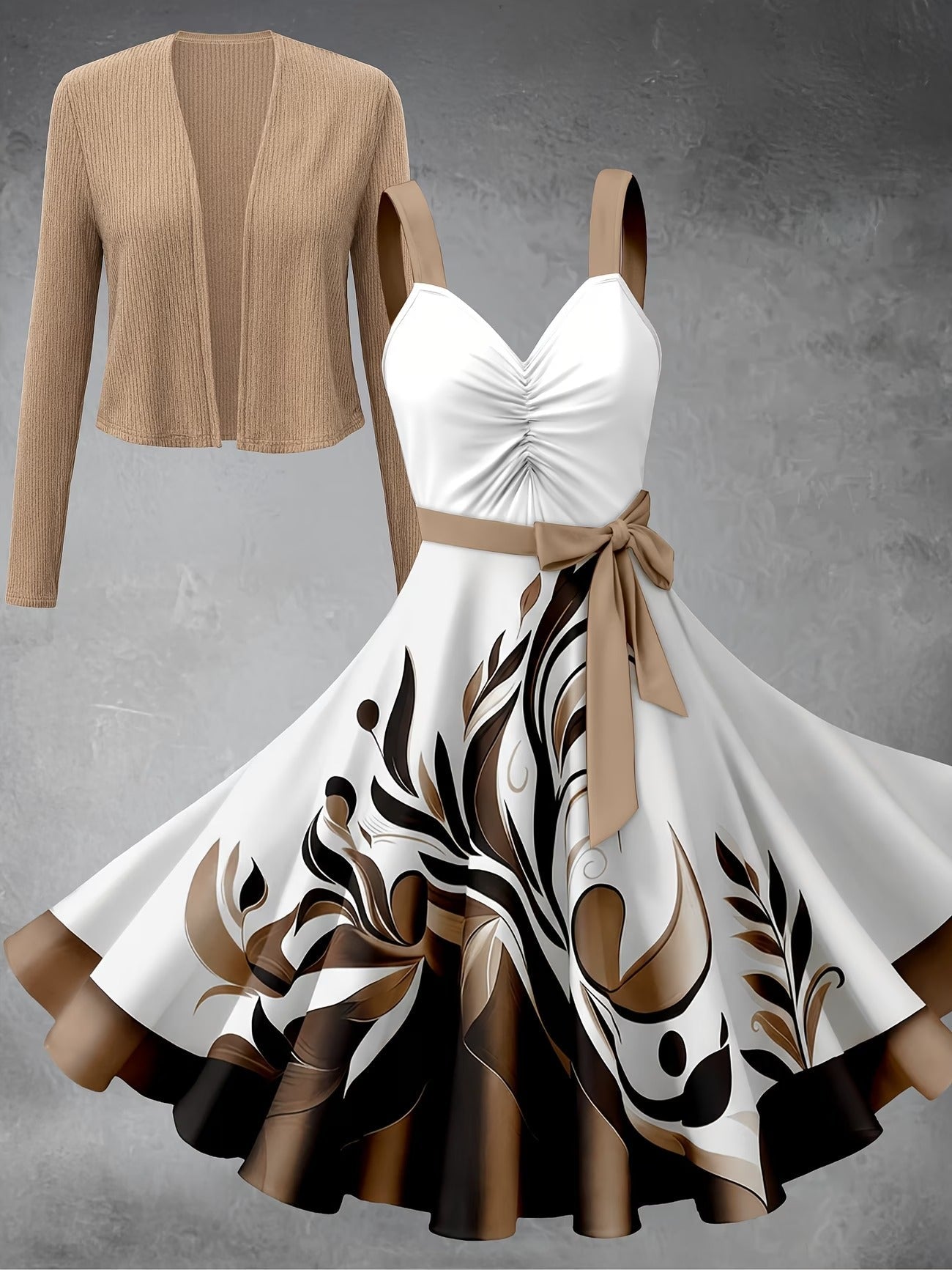 Elegant Floral Suspender Dress Set with Chic Long-Sleeve Blazer