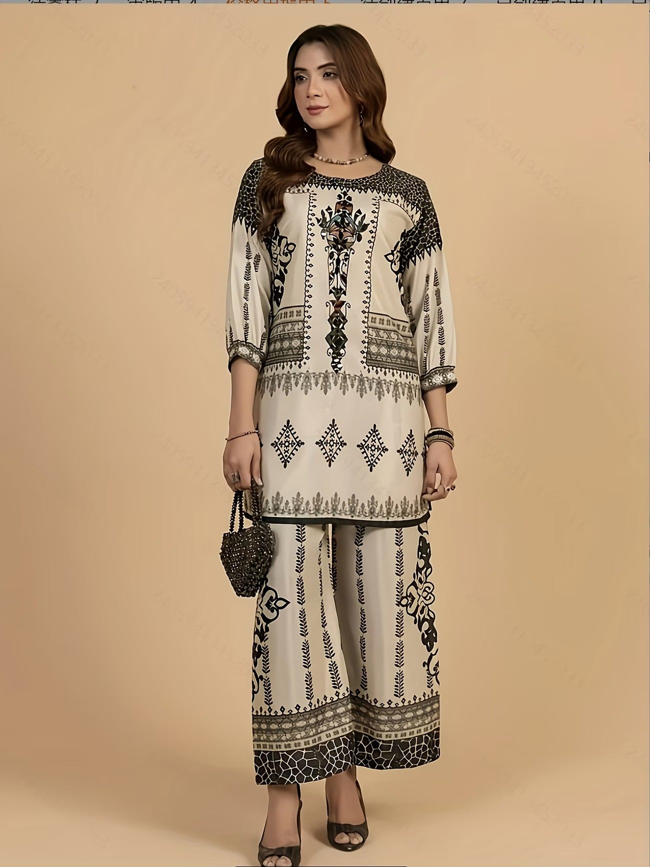 Women’s Traditional Totem Print Two-Piece Set – Grey Base Long-Sleeve Loose Top with Wide-Leg Pants (Elegant Middle Eastern & South Asian Style