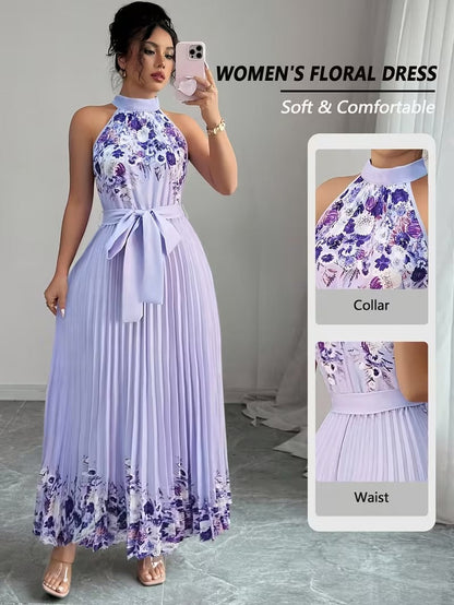 Elegant Floral Halter Neck Pleated Dress – Stylish & Comfortable Summer Outfit for Women