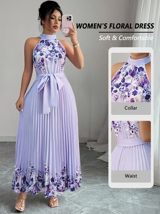 Elegant Floral Halter Neck Pleated Dress – Stylish & Comfortable Summer Outfit for Women