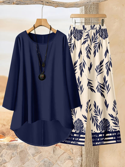 Loose Fit Irregular Print High-Low Hem Top with Solid Pants – Women’s Casual Two-Piece Outfit