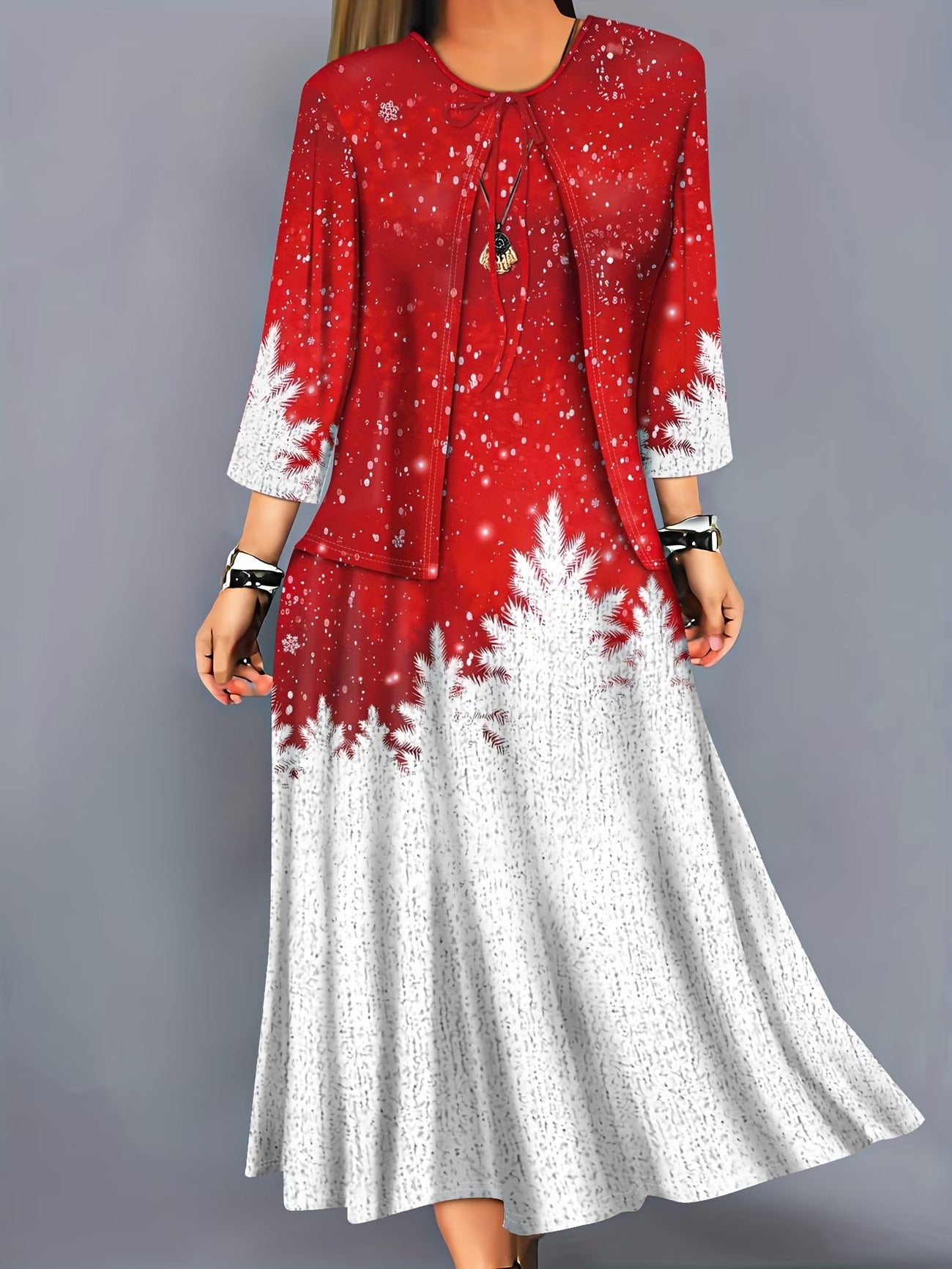 Elegant Layered Two-Piece Midi Dress Set with Tie-Front Cardigan – Flowy Printed Everyday & Occasion Wear