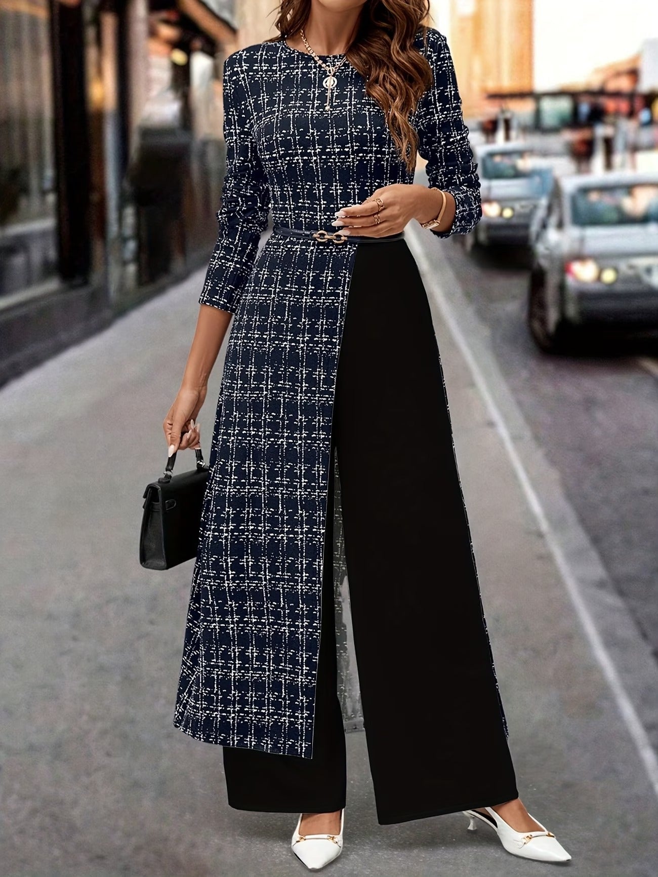Chic Plaid Commuter Jumpsuit – Asymmetrical Design with Relaxed Straight-Leg Fit