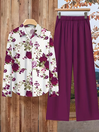 Women’s Floral Long-Sleeve Shirt with Printed Pants – Stylish Two-Piece Everyday Outfit (With Tie & Button Details)