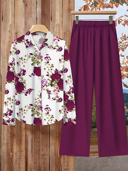Women’s Floral Long-Sleeve Shirt with Printed Pants – Stylish Two-Piece Everyday Outfit (With Tie & Button Details)