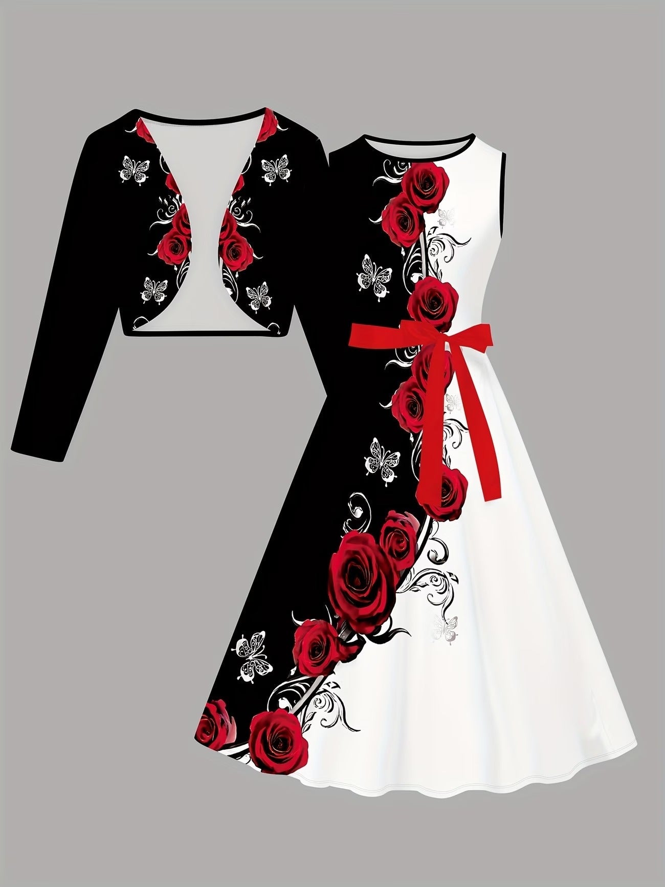 Women’s Black & White Rose Print Dress with Short Jacket & Belt – Elegant 2 Piece Set